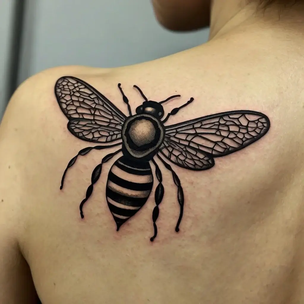 Detailed black bee tattoo on shoulder with intricate wing patterns and bold body lines, symbolizing industriousness.