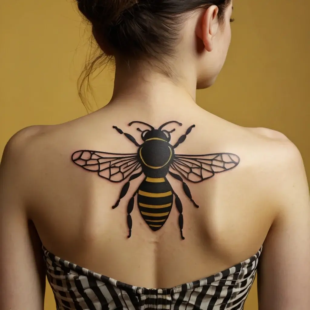 Large bee tattoo on back, featuring bold black and yellow lines with geometric wing details, centered on spine.