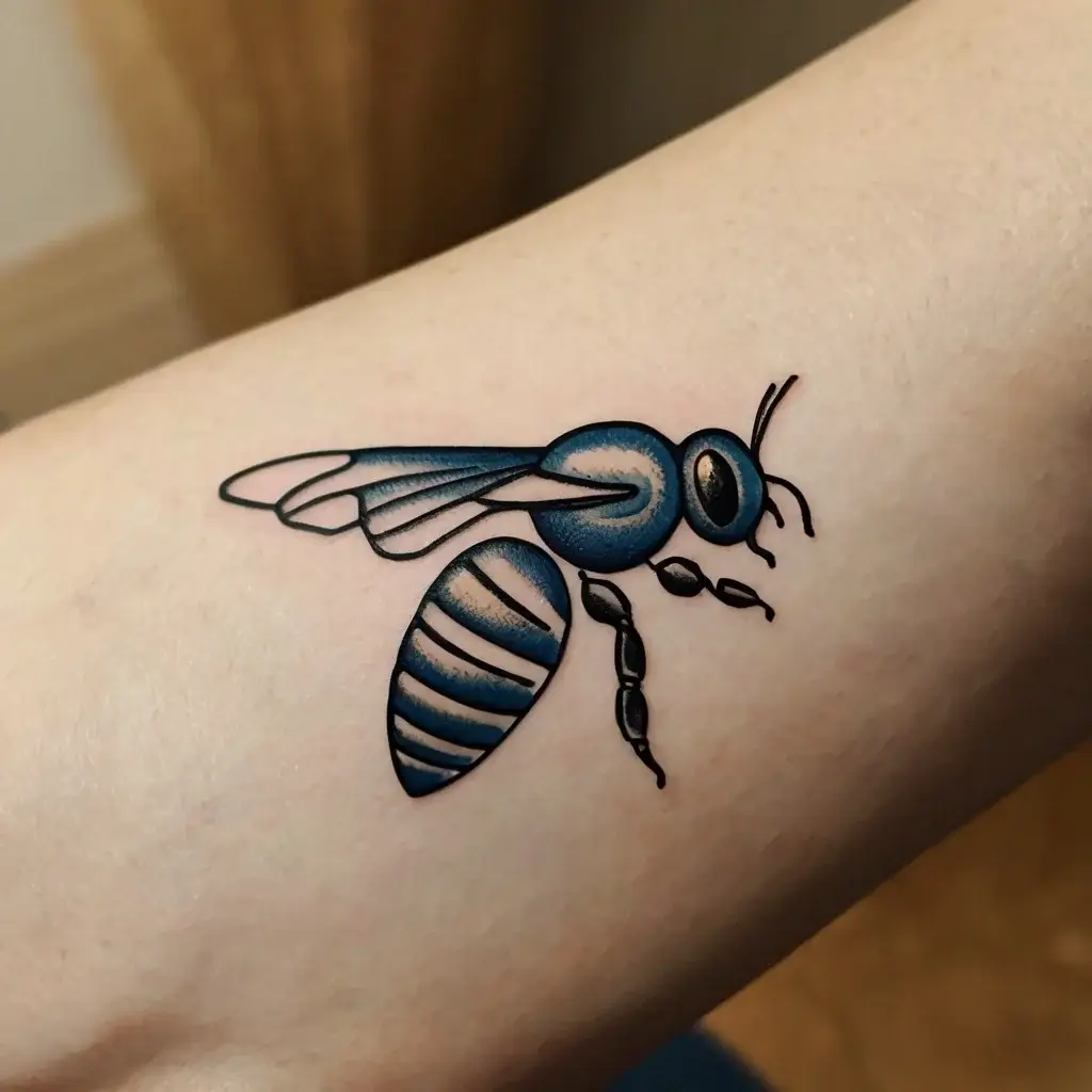 Tattoo of a geometrically styled bee with blue accents, featuring clean black outlines and minimalistic shading.