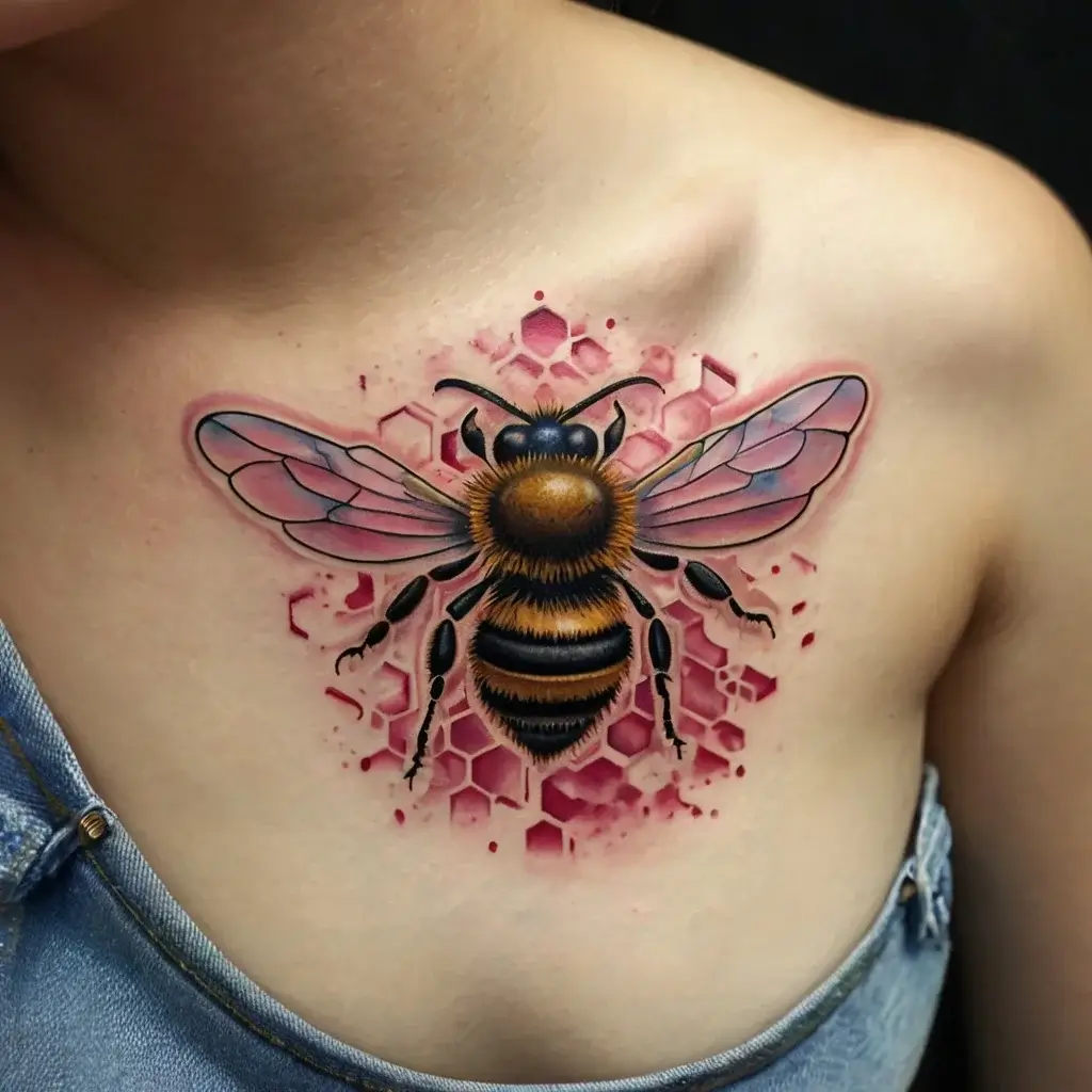 Tattoo of a realistic bee with translucent wings on a pink honeycomb background, placed on the chest.