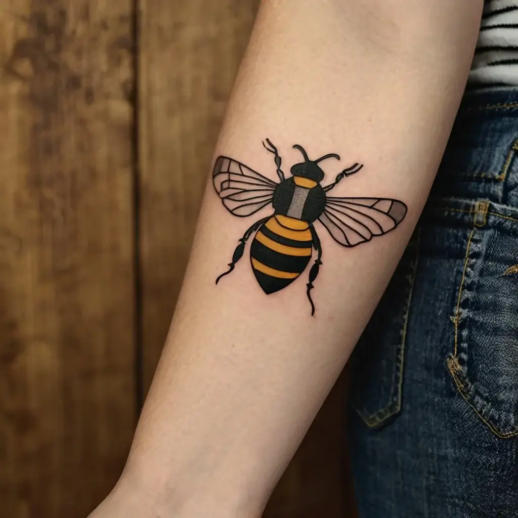 Tattoo of a minimalist bee with bold black lines and orange stripes on the forearm, symbolizing diligence and community.