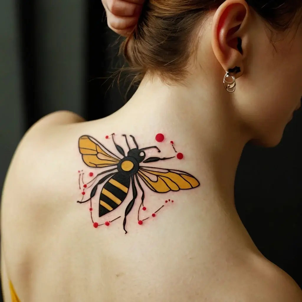 Tattoo of a stylized bee with bold yellow and black stripes, surrounded by red dots on the upper back.