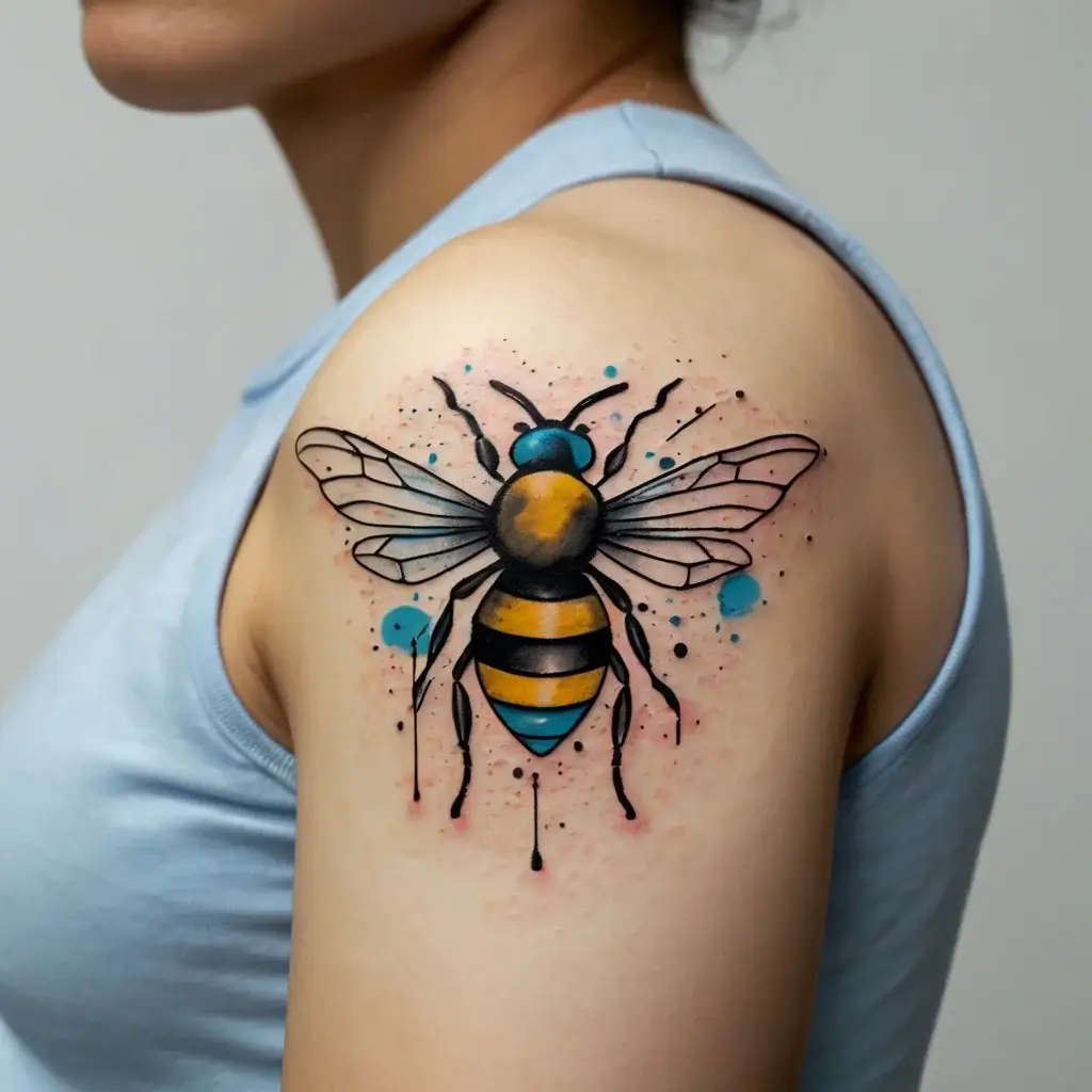 Colorful bee tattoo with vibrant yellow and blue hues, dynamic wings, and splatter effect on upper arm.