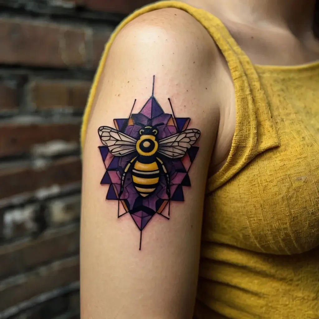 Stylized bee tattoo with geometric purple background on upper arm, featuring bold lines and vibrant yellow accents.