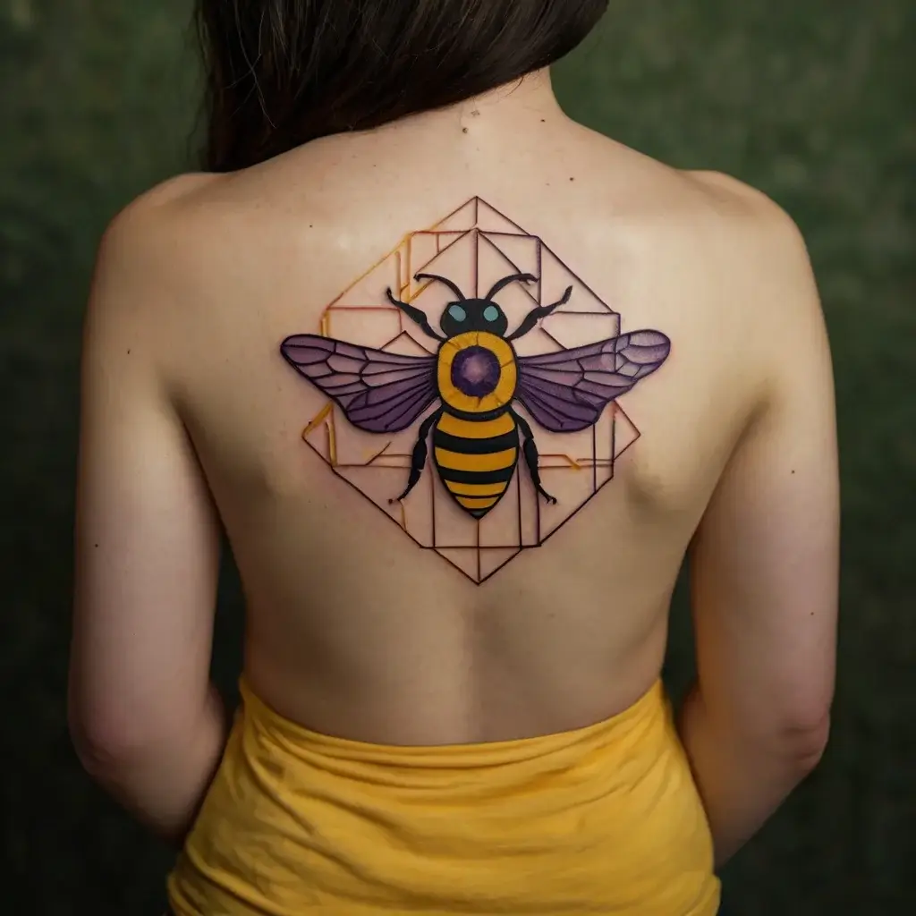 Tattoo of a geometric bee with purple wings and a yellow body, set within an orange hexagonal pattern on the back.