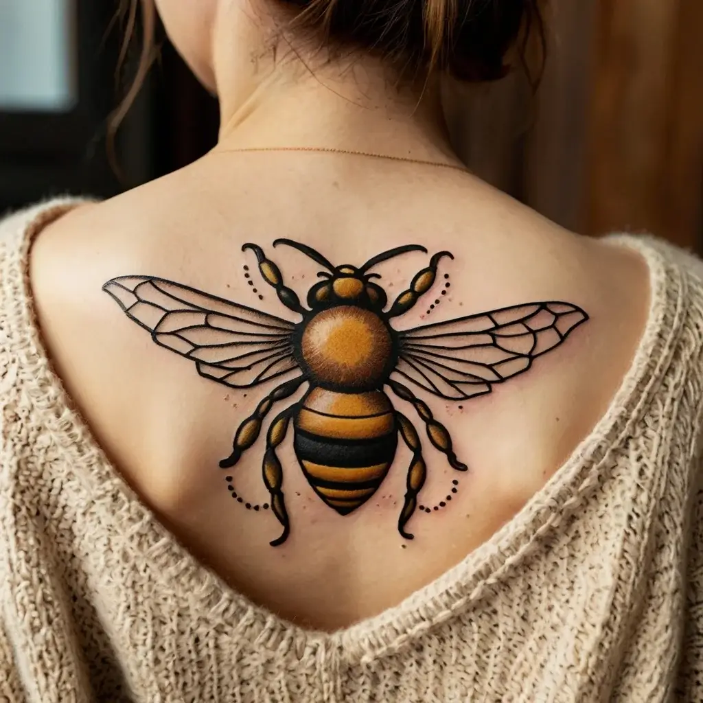 Tattoo of a detailed bee with bold black outlines and vibrant orange-yellow tones, centered between shoulder blades.