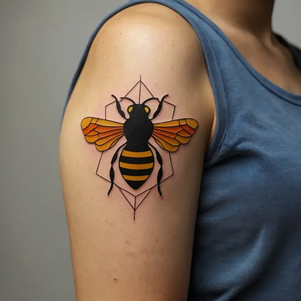 Bold bee tattoo with geometric lines, featuring vibrant orange wings and black-yellow striped body on the upper arm.