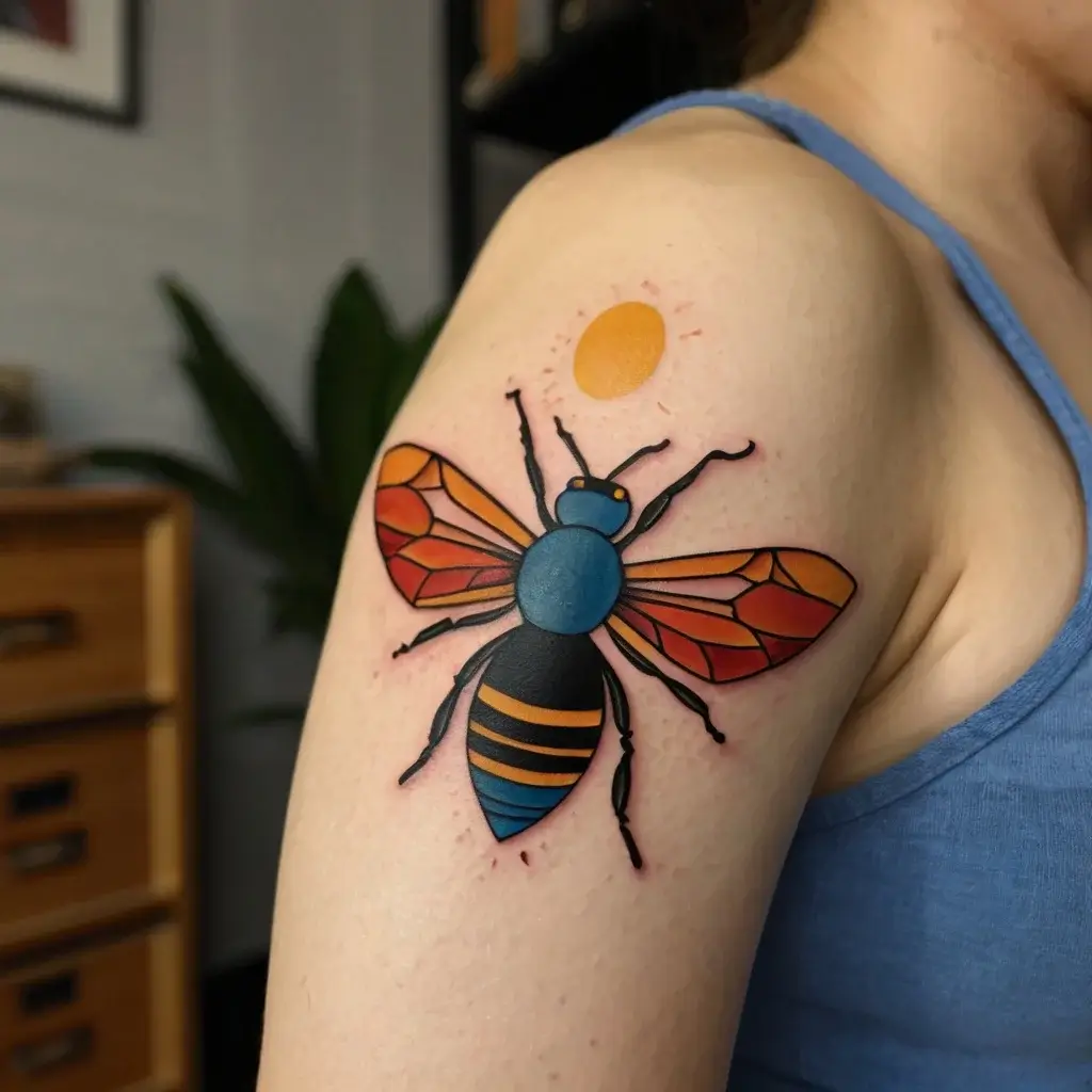 Colorful bee tattoo on shoulder with bold geometric wings and stripes, accented by an orange sun above.