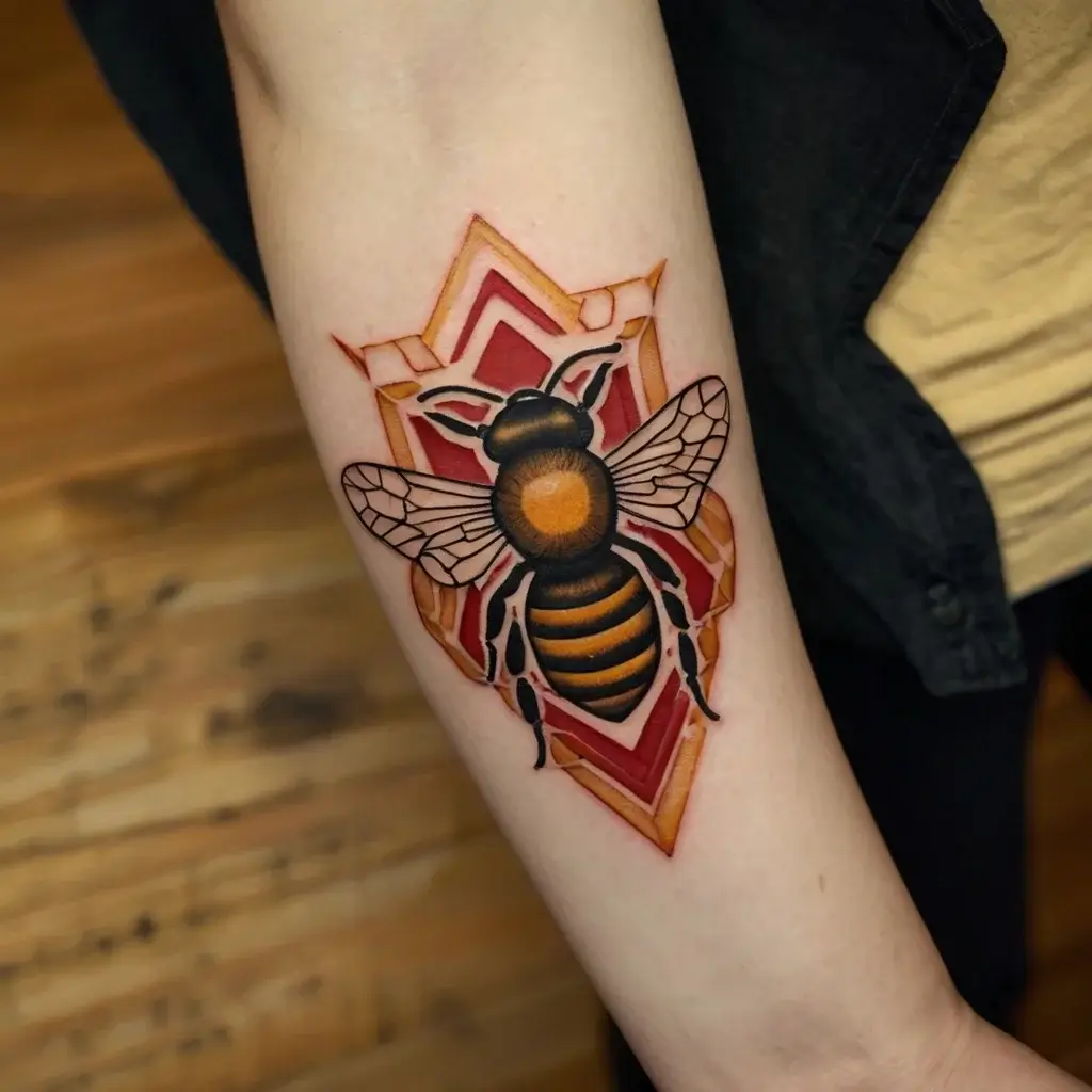 Tattoo of a vibrant bee with intricate wings over a geometric background in shades of red and orange on the forearm.