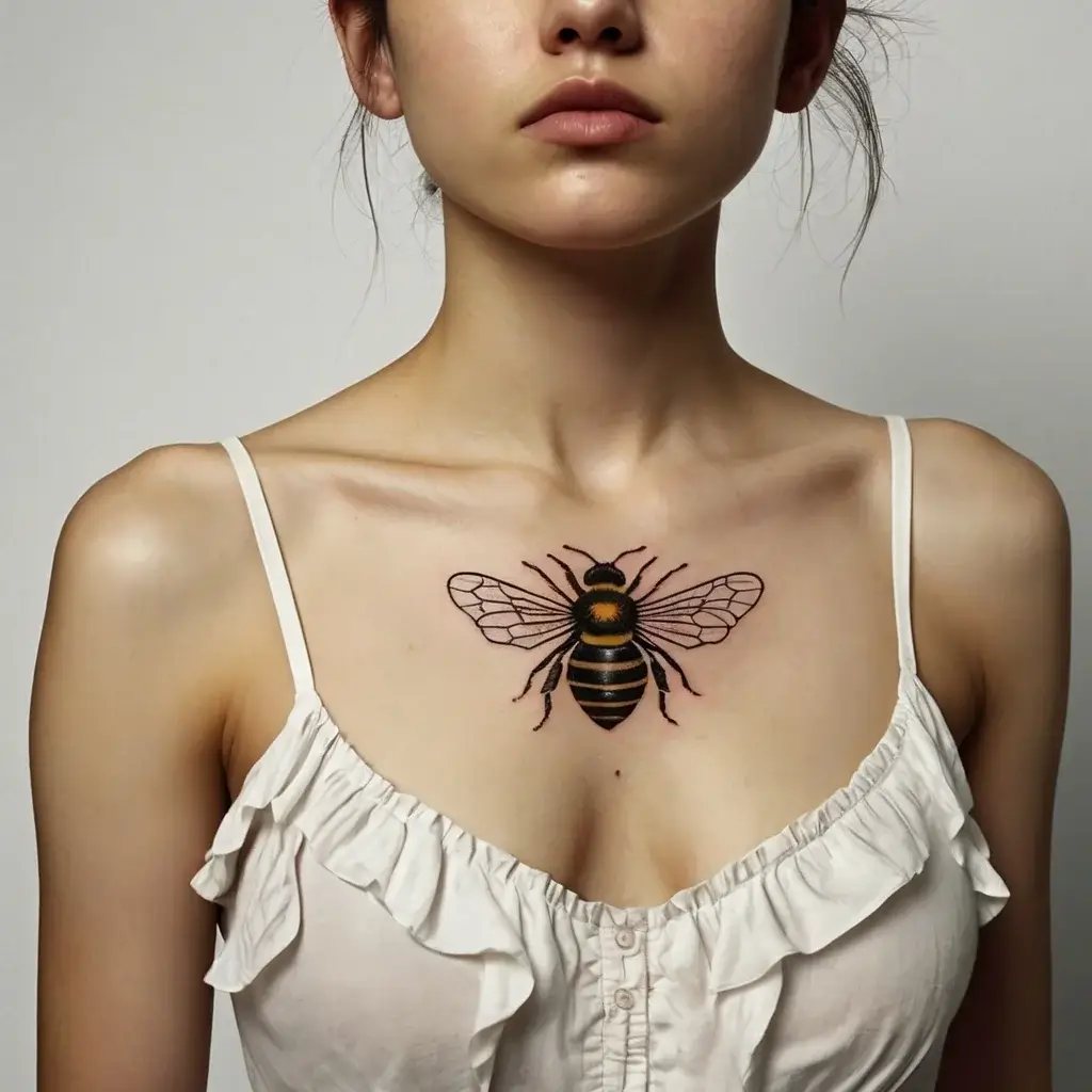 Detailed bee tattoo on the chest, showcasing fine line work and vibrant colors, symbolizing diligence and community.