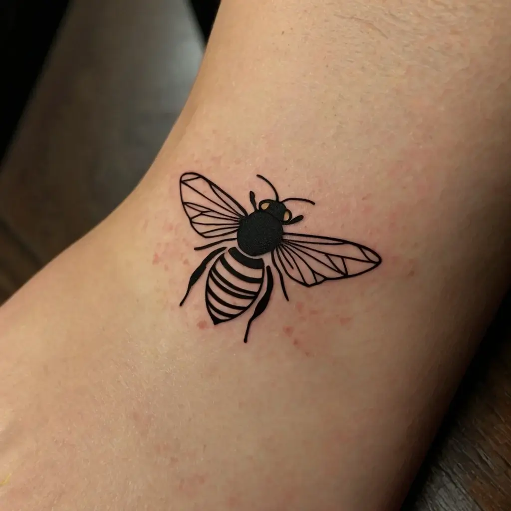 Minimalist bee tattoo with bold black outlines and geometric wing details, symbolizing community and dedication.