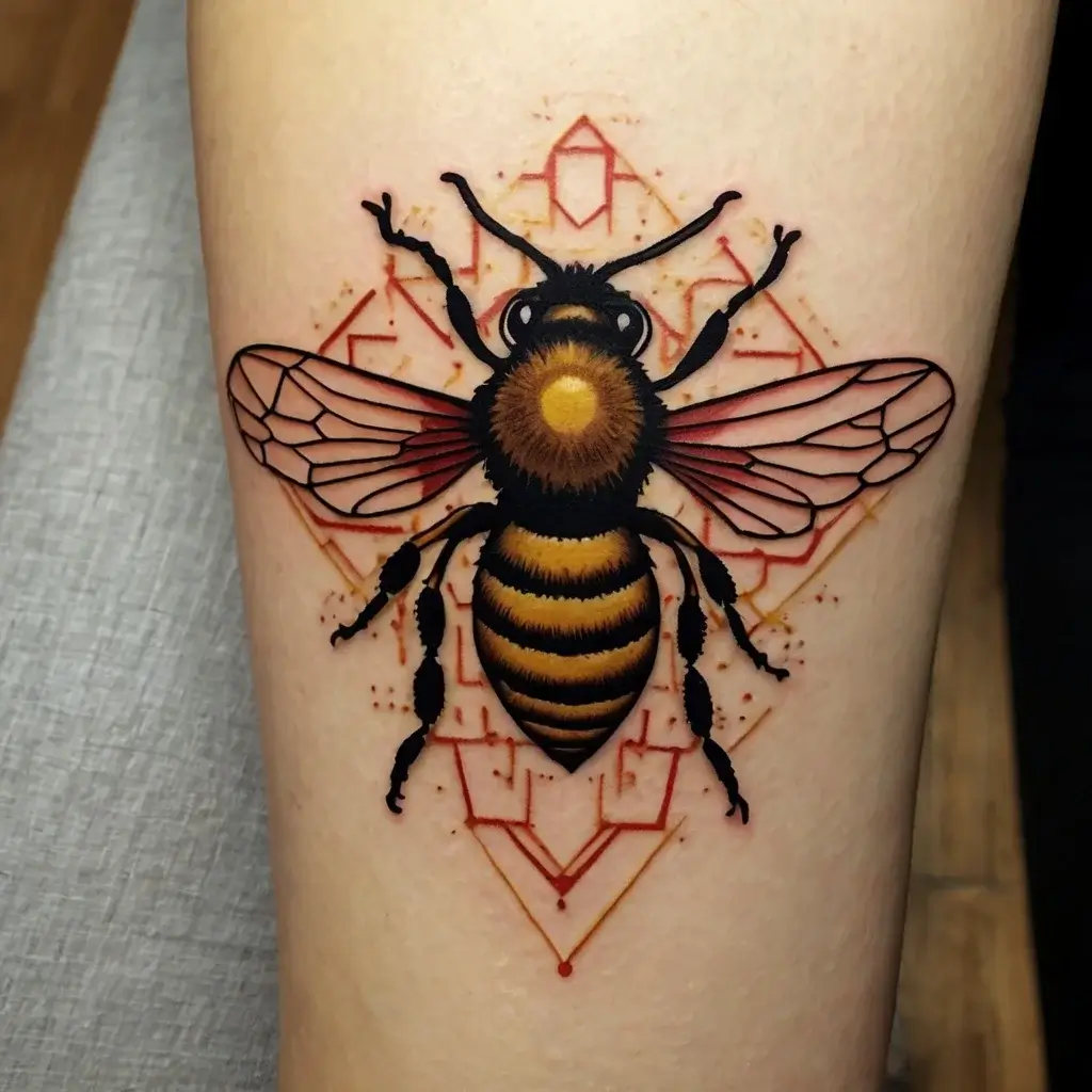 Tattoo of a stylized bee with detailed wings atop geometric shapes, blending realism with abstract elements.