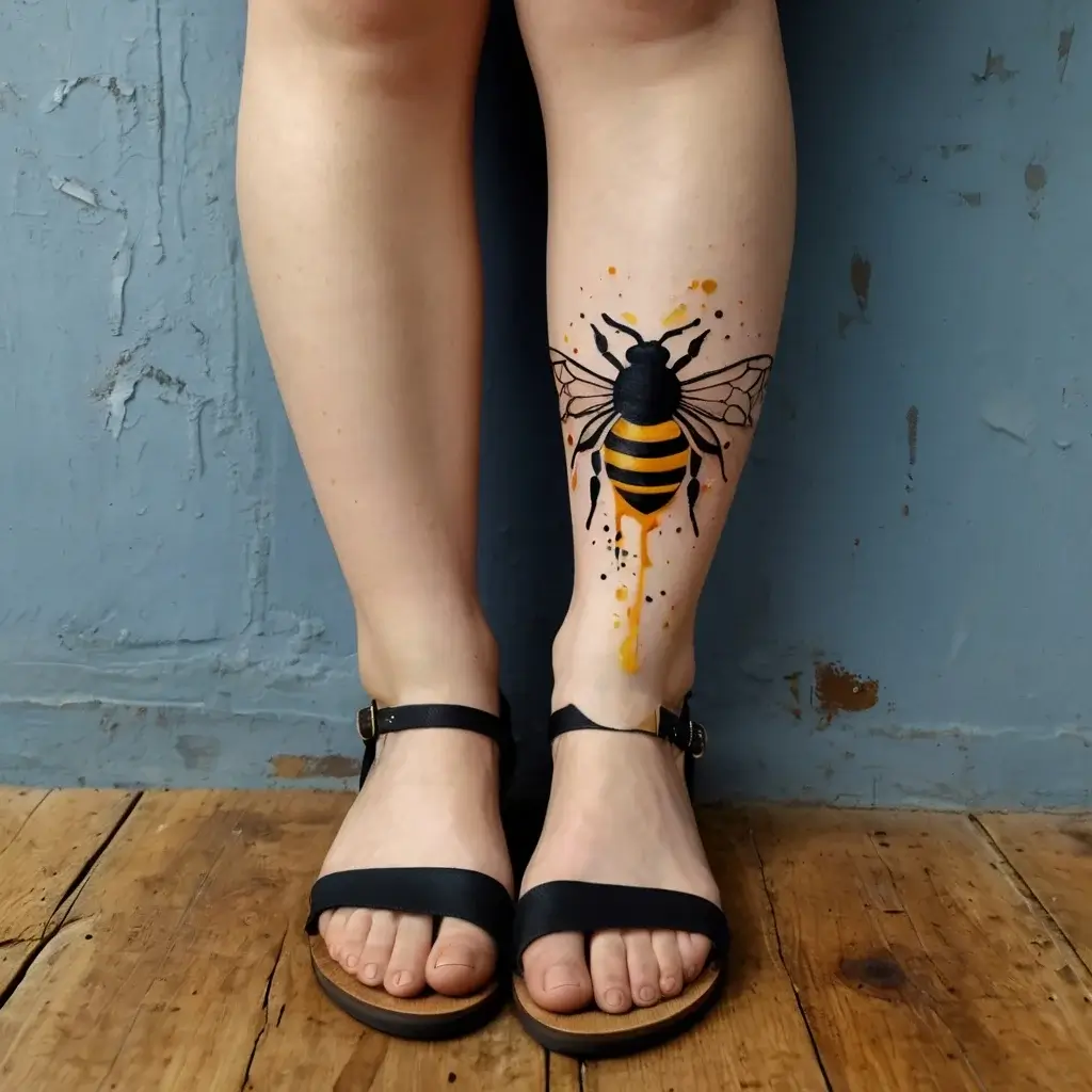 Tattoo of a bold black and yellow bee with dripping honey effect on the calf, surrounded by ink splatters.