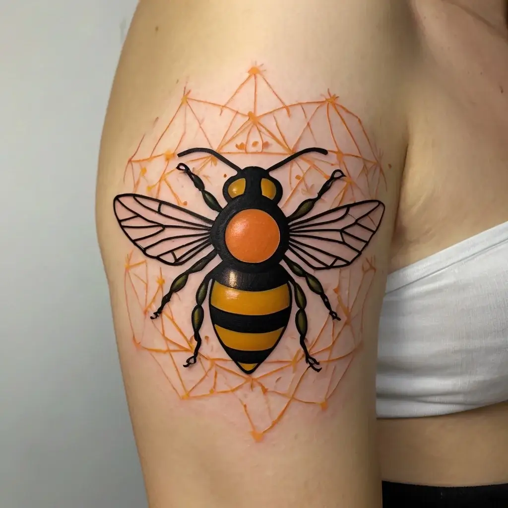 Bold bee tattoo with geometric orange background on the upper arm, featuring vibrant wings and striped body.