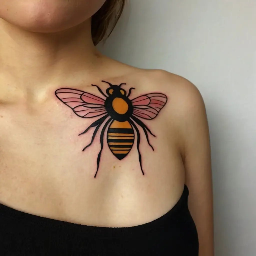 Vibrant bee tattoo on the chest, featuring bold black outlines, orange body, and delicate pink wings.