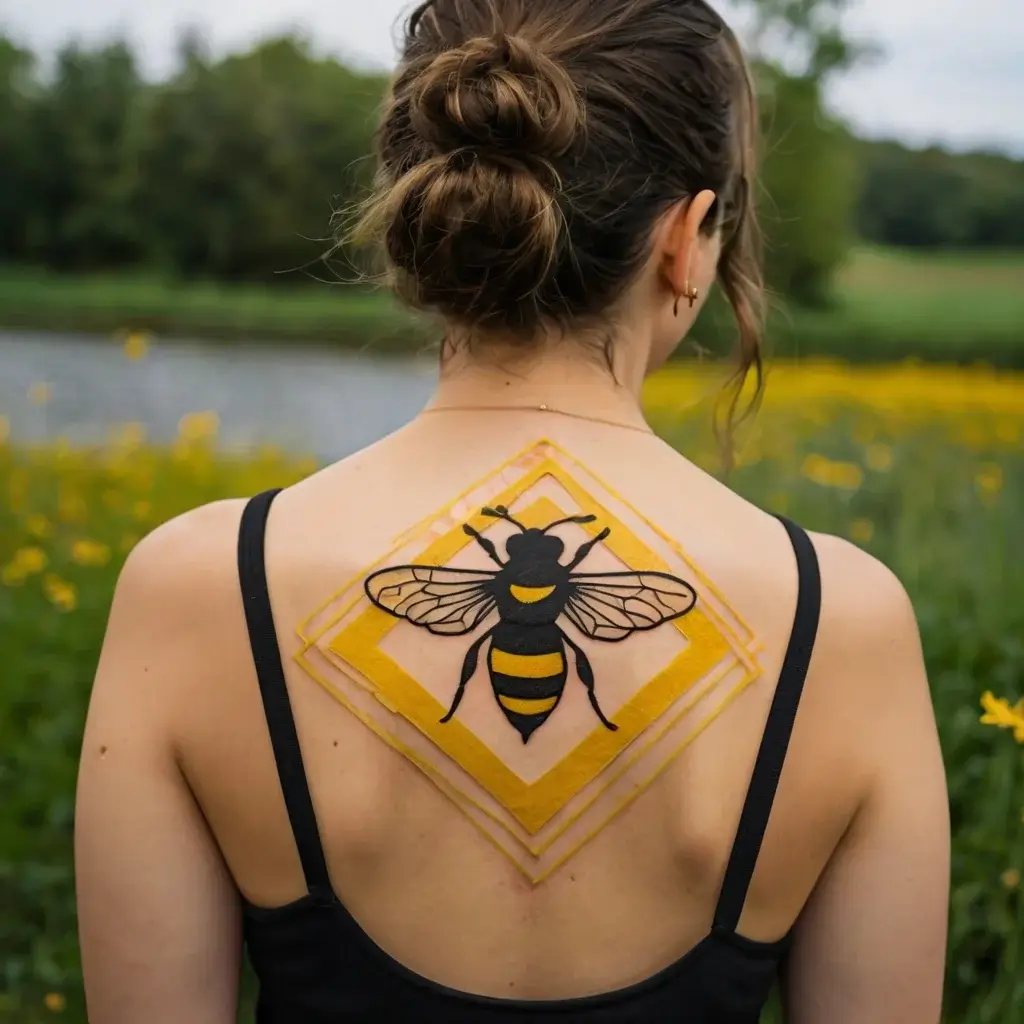 Tattoo of a stylized bee with geometric wings, positioned within overlapping yellow diamond shapes on the upper back.