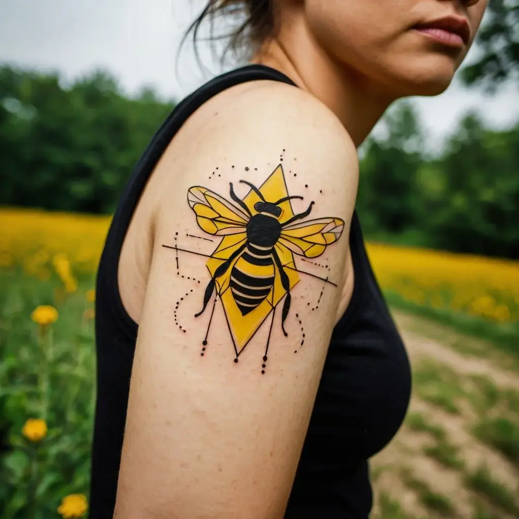 Geometric bee tattoo with bold lines and yellow details on the shoulder, symbolizing industriousness and community.