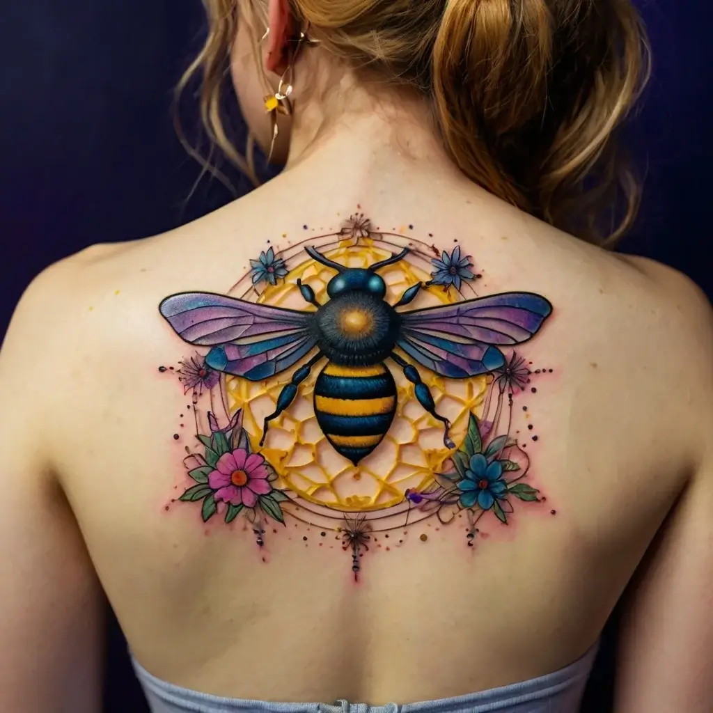 Colorful bee tattoo with vivid wings, surrounded by flowers and geometric patterns on the upper back, symbolizing nature.