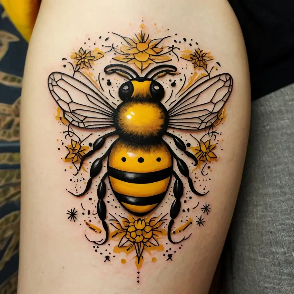 Realistic vibrant bee tattoo with intricate wings, surrounded by geometric patterns and yellow floral elements.