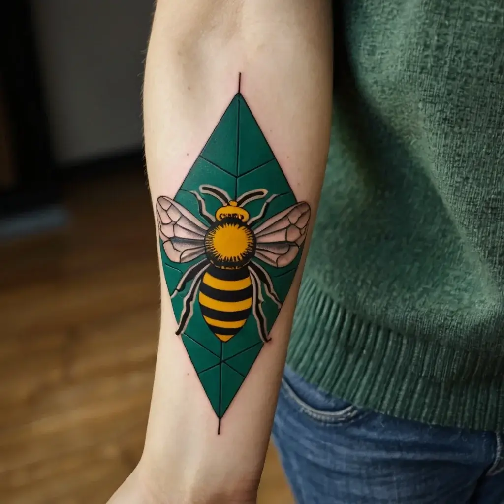 Tattoo of a bee inside a green diamond shape, detailed with bold black and yellow stripes on forearm.