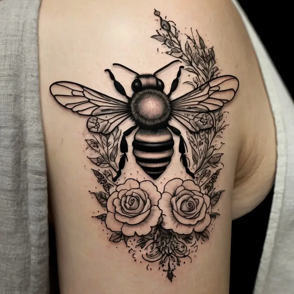 Intricate bee tattoo surrounded by detailed foliage and roses, showcasing fine linework and shading on the upper arm.