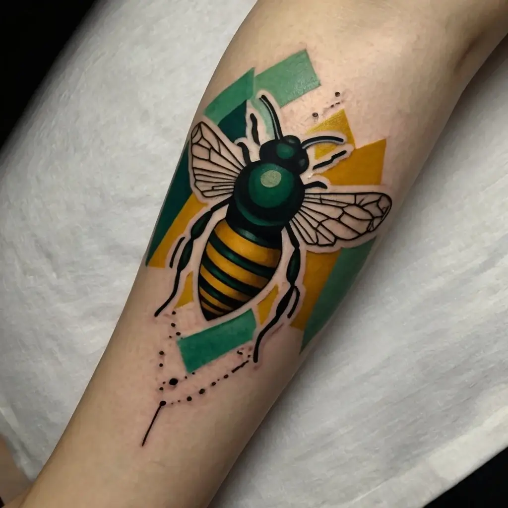 Tattoo of a geometric bee with bold colors and wings, set against abstract yellow and green shapes on the arm.