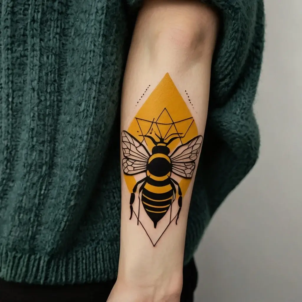 A geometric bee tattoo with bold black lines and a honeycomb background, accented by a yellow diamond shape and dot details.