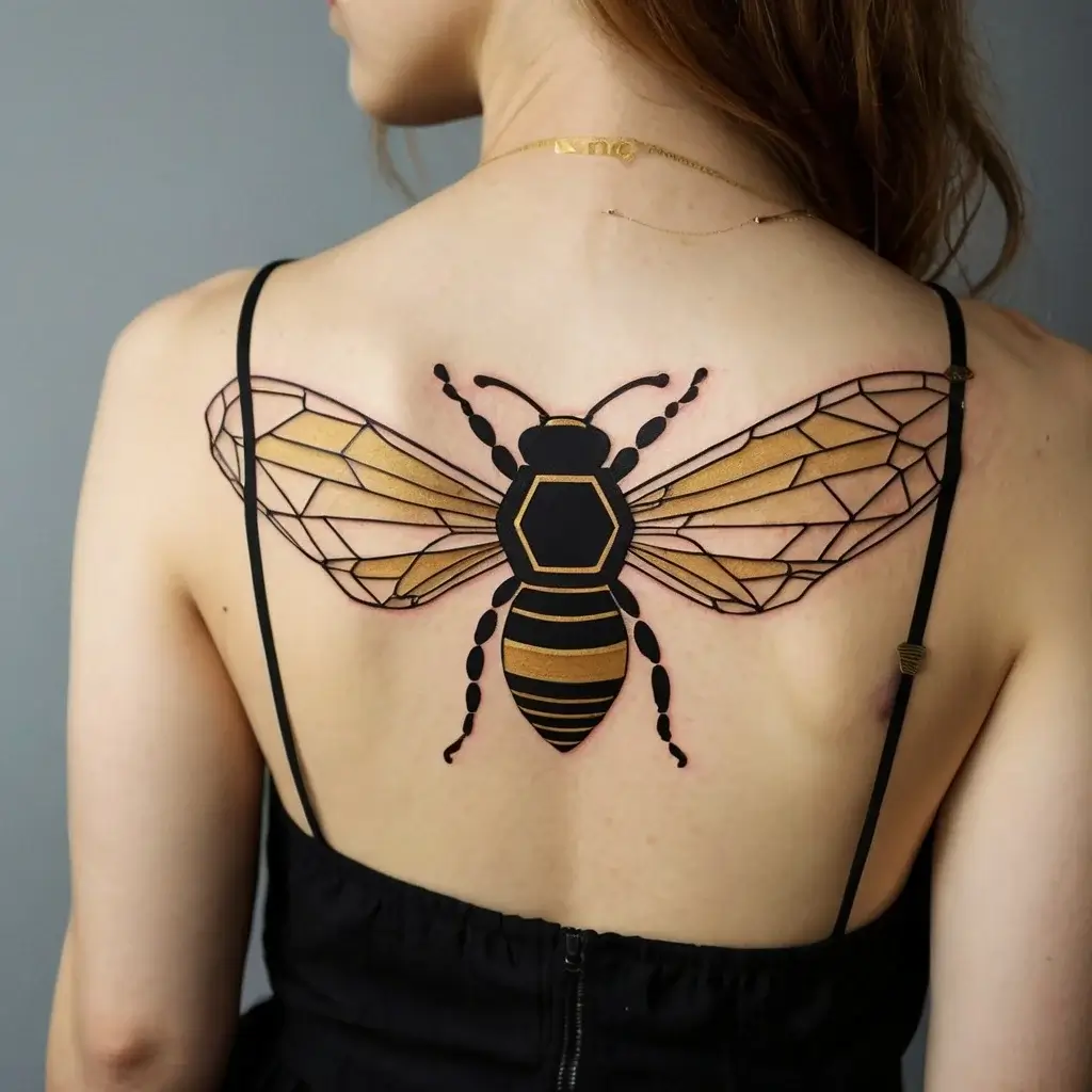 Geometric bee tattoo on back with bold black and gold patterns and intricately detailed wings highlighting symmetry.