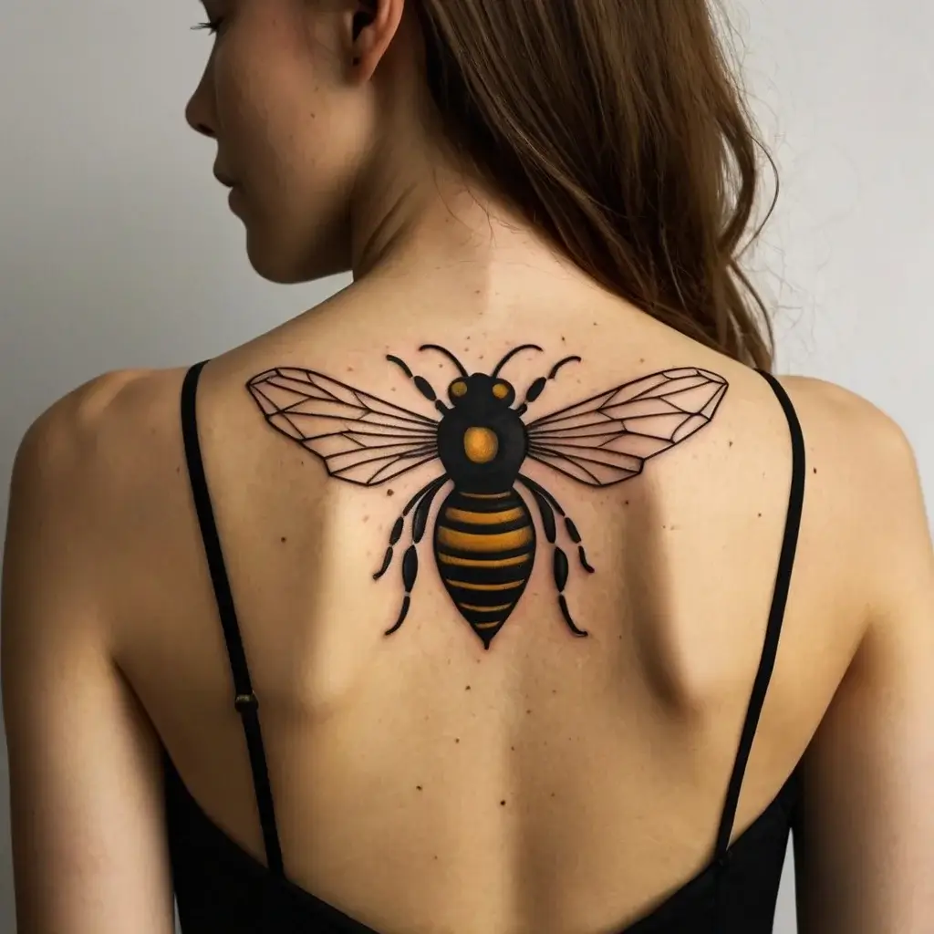 Bold bee tattoo on upper back with geometric wings, emphasizing strength and creativity.