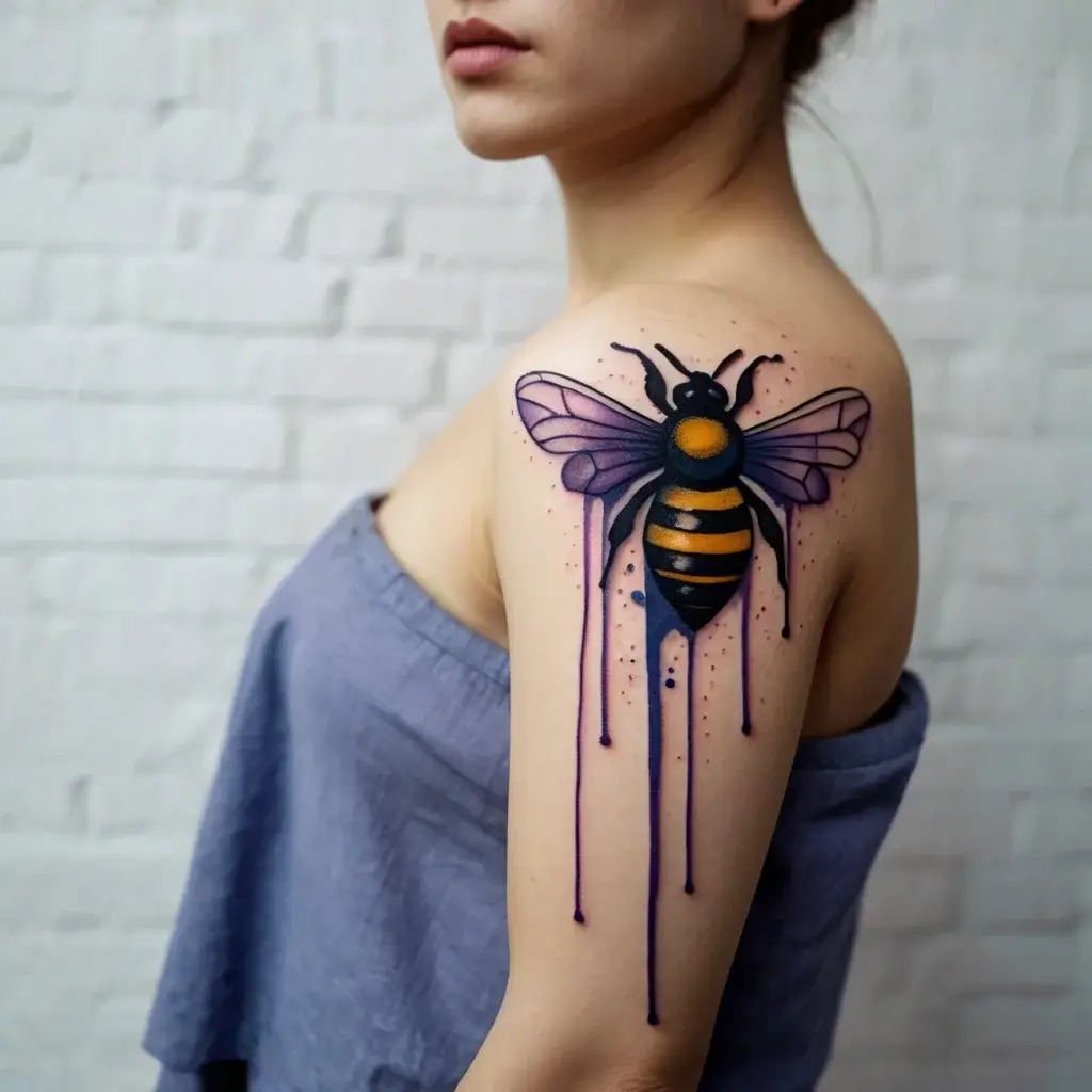 Bold bee tattoo with vibrant orange and purple hues, featuring dripping ink effect, on the upper arm.