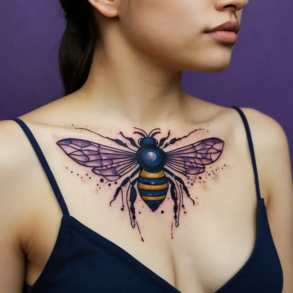 Chest tattoo of a detailed purple and gold bee, featuring geometric wings and abstract ink splatters for an artistic touch.