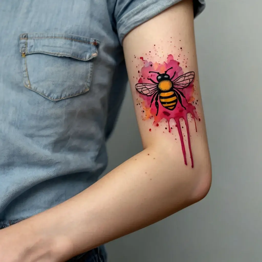 Watercolor bee tattoo with vibrant pink and orange splashes, blending at the edges, creating a dynamic, artistic effect.