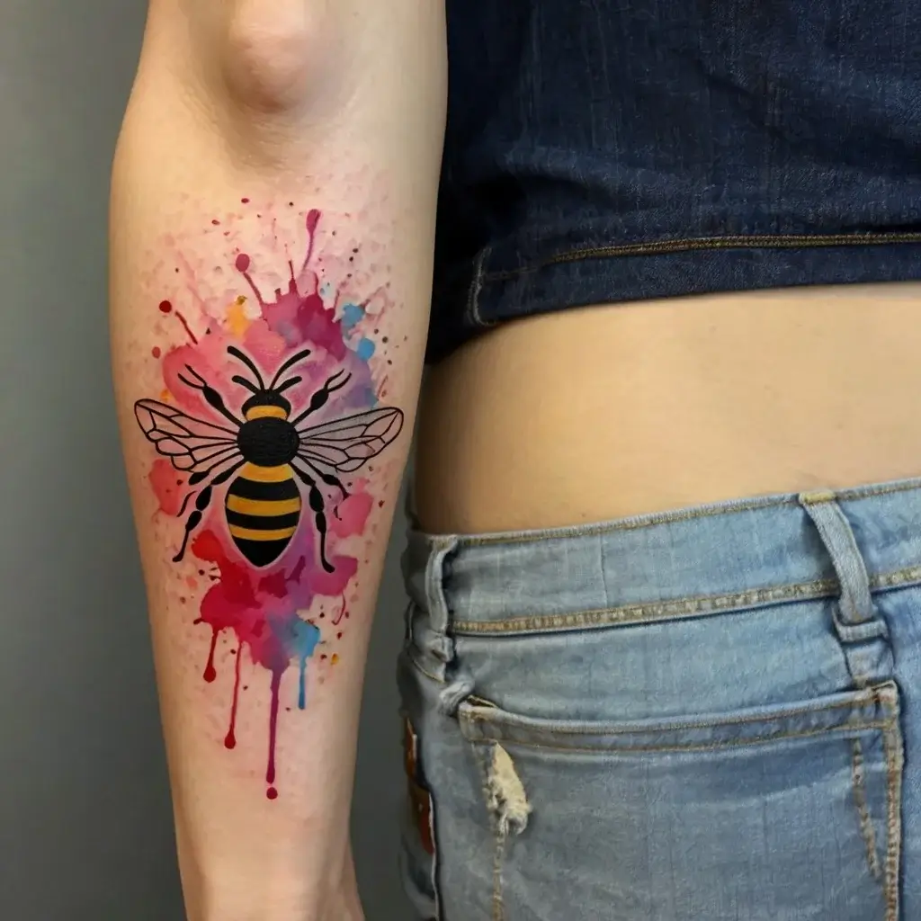 Watercolor bee tattoo with vibrant splashes of red, pink, and blue, depicting energy and creativity on the forearm.