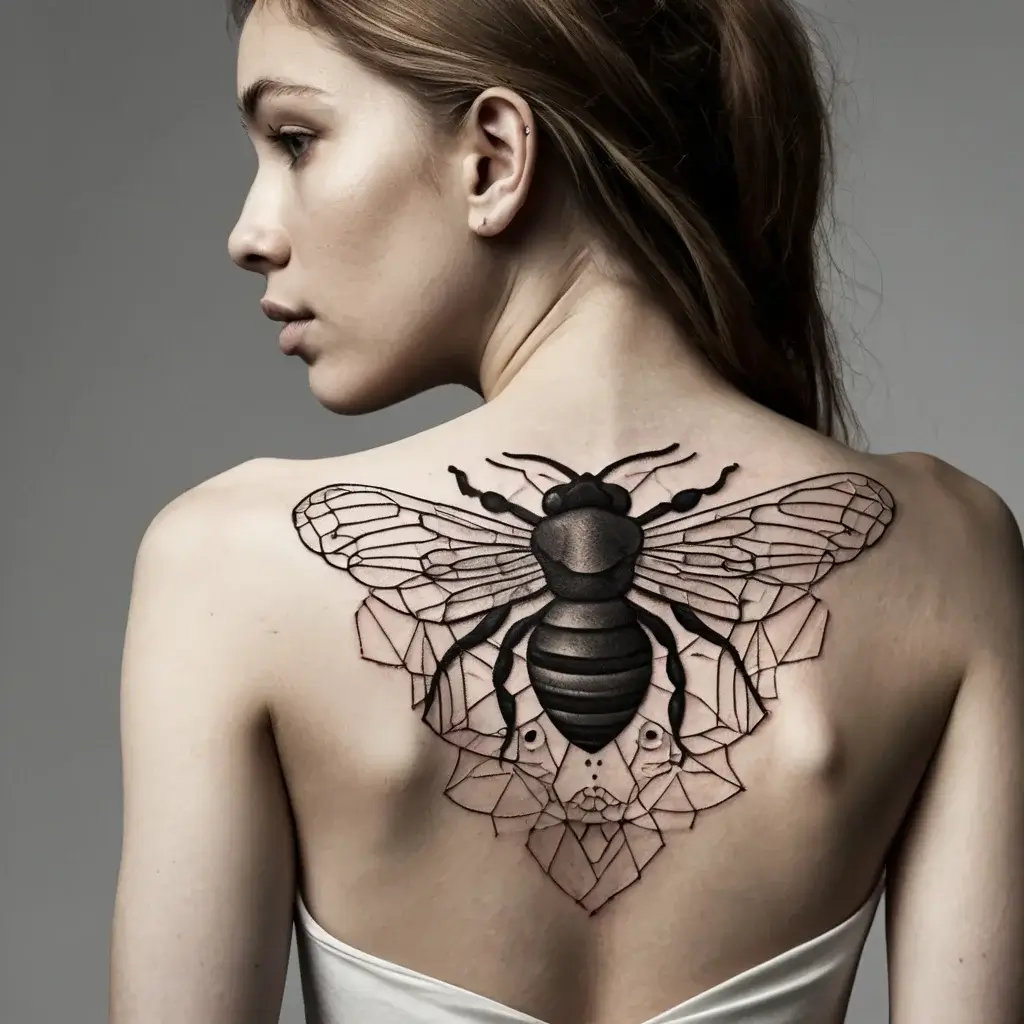 Realistic bee tattoo on the upper back, with geometric patterned wings and abstract shapes surrounding the body.