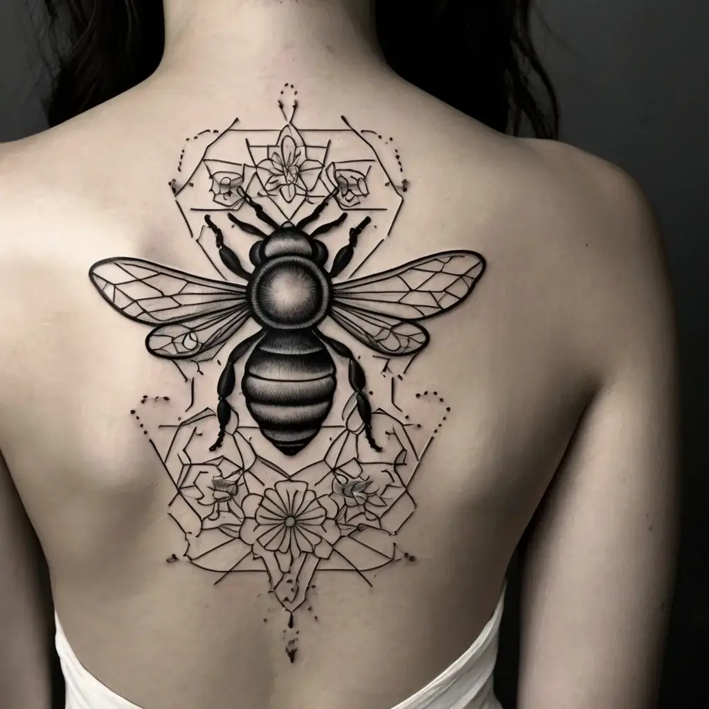 Geometric bee tattoo on back, framed by intricate floral and honeycomb patterns, blending realism with line art.