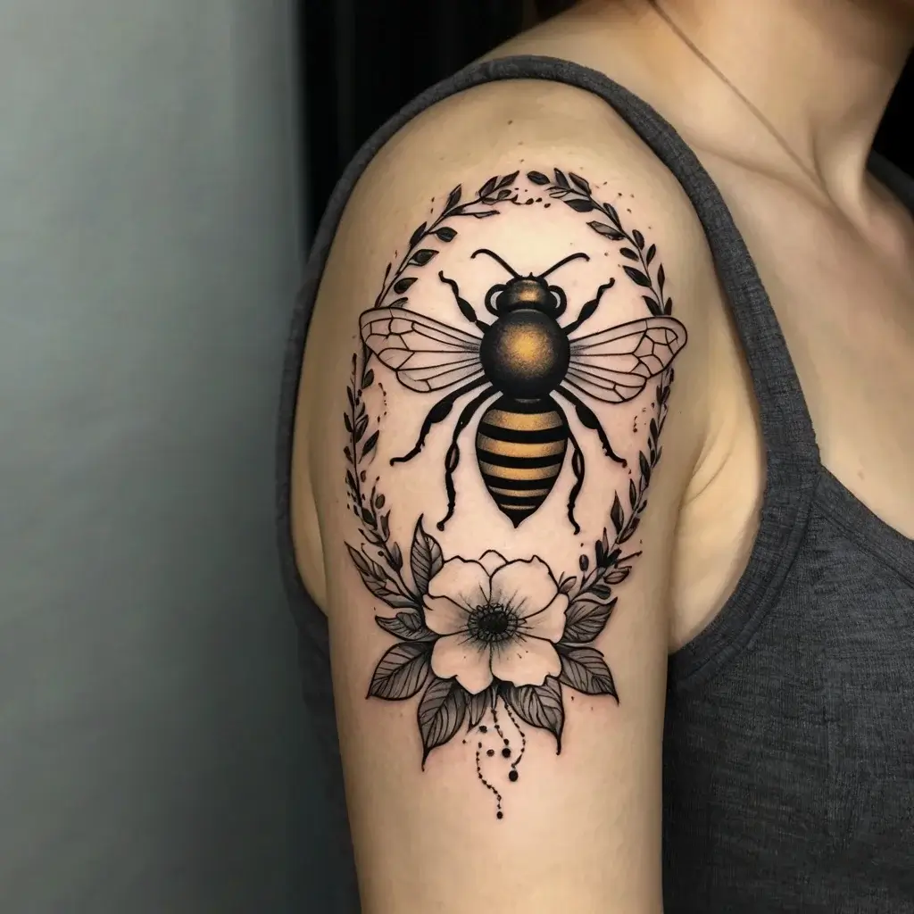 Tattoo of a bee with detailed wings, encircled by laurel branches, above a delicate flower with leaves on the arm.