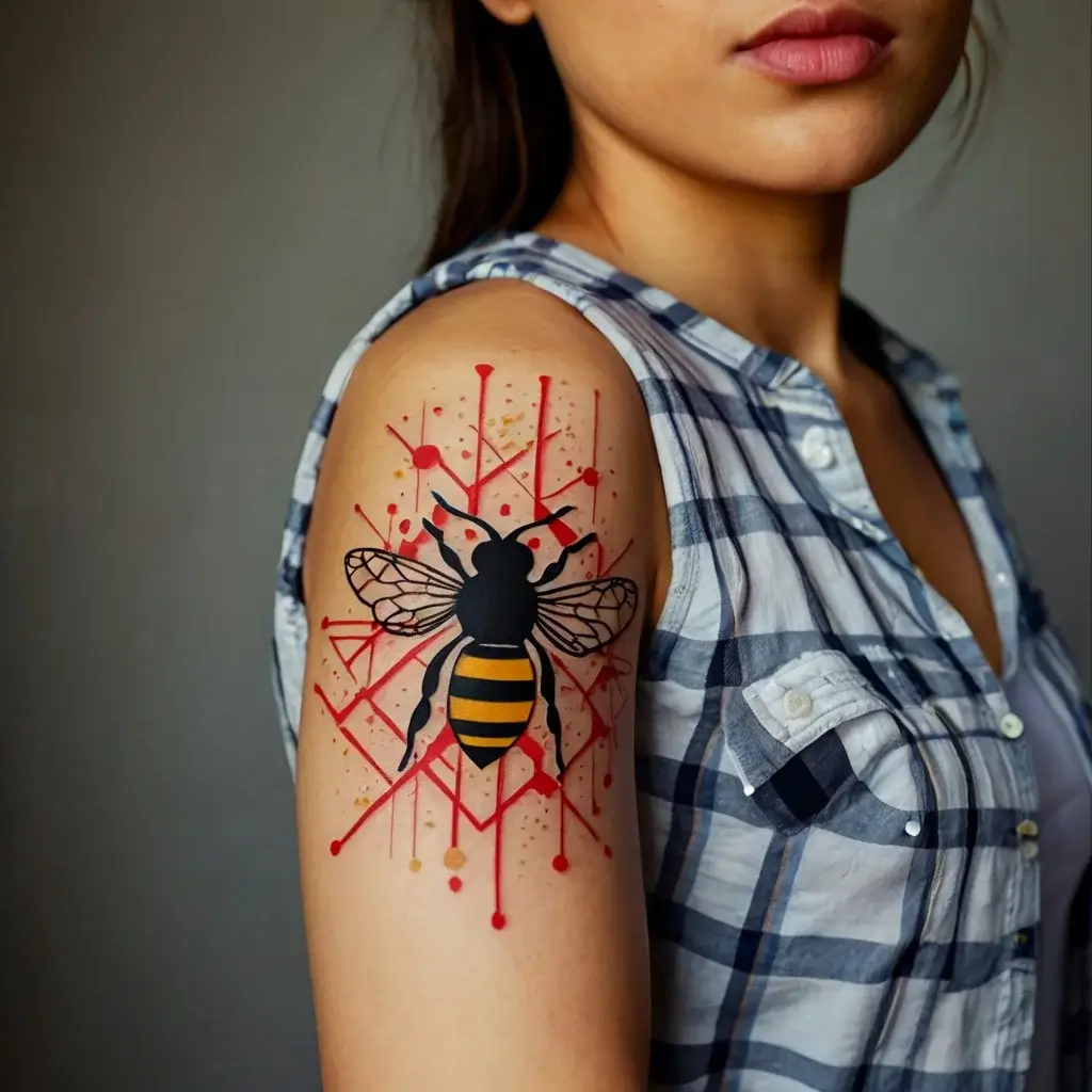 Tattoo of a bee on geometric red lines, blending bold black and yellow hues on the upper arm, symbolizing strength and unity.