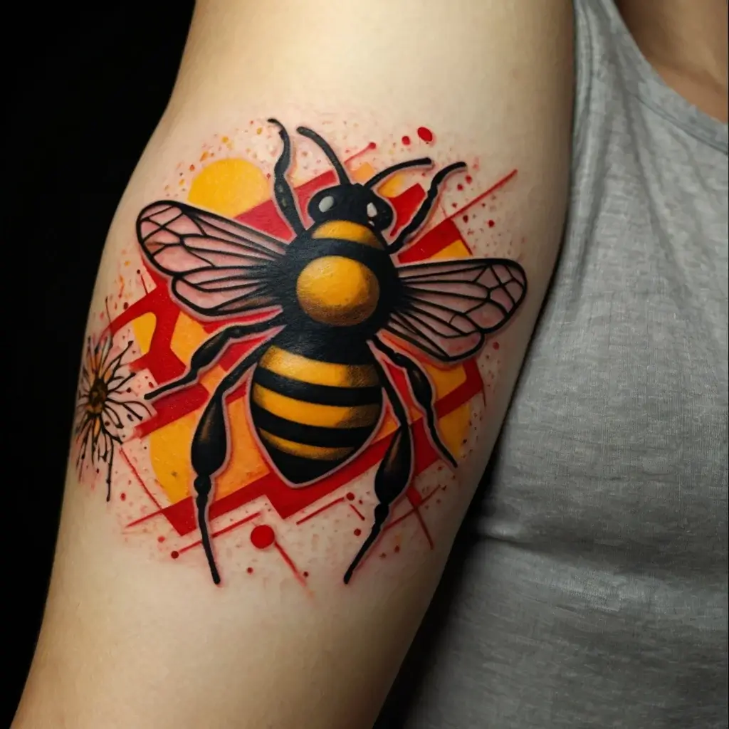 Bold neo-traditional bee tattoo with vibrant yellow and black, geometric red splashes, and flower detail on arm.