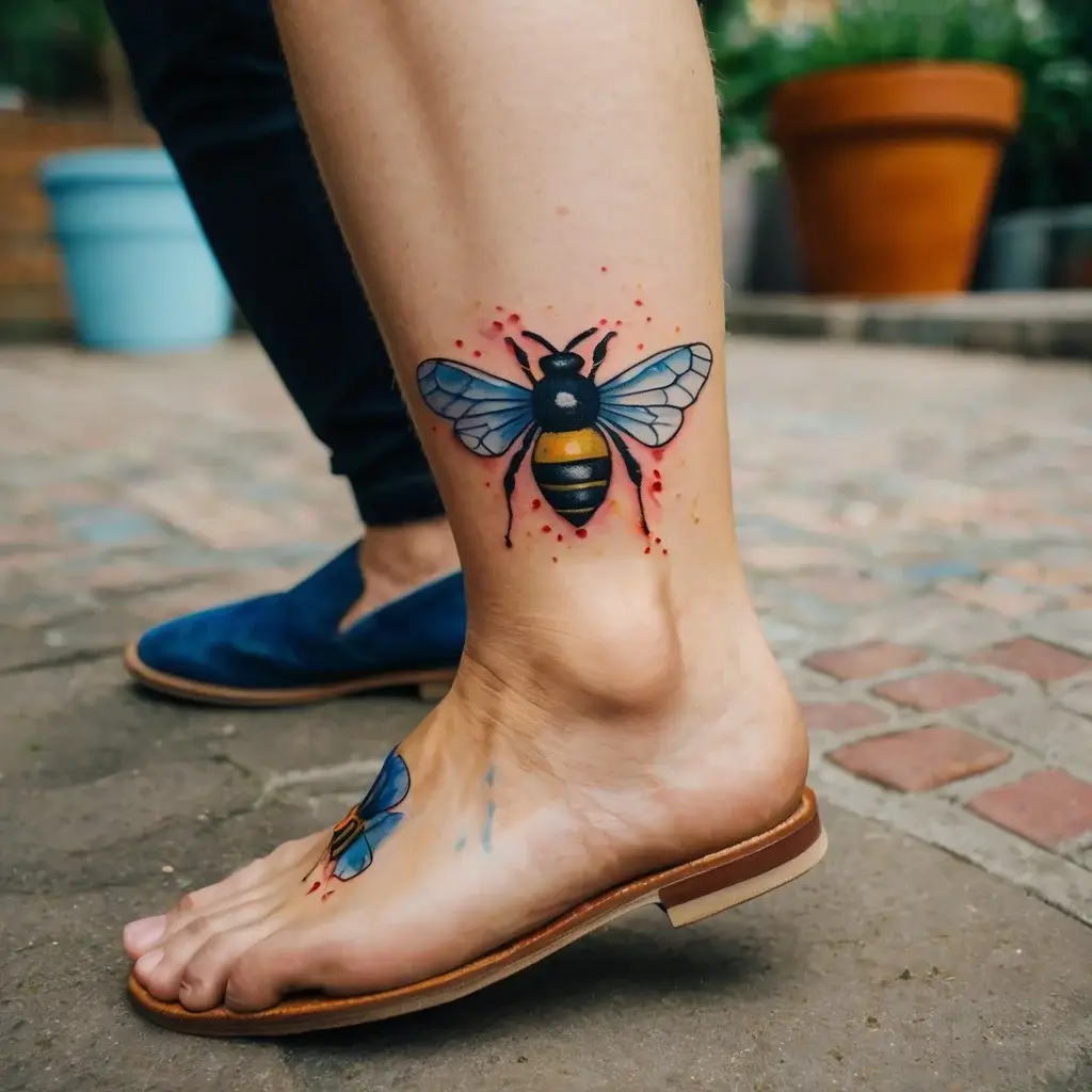 Tattoo of a vibrant honeybee with detailed wings on the ankle, complemented by a small blue bee on the foot.