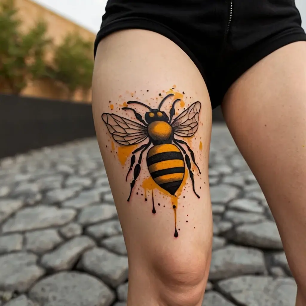 Tattoo of a vibrant bee on a thigh, featuring bold black outlines with yellow and black stripes, and a splatter effect.