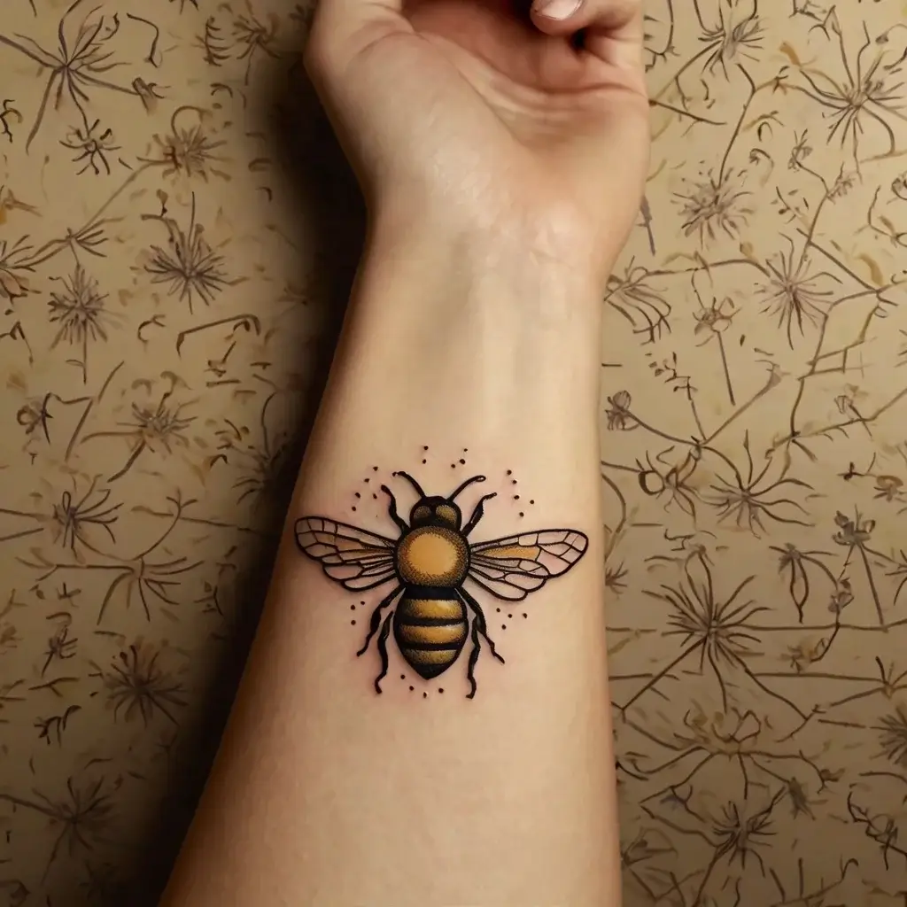 Tattoo of a vibrant bee with intricate wings and a dotted pattern around it, symbolizing industriousness and nature.