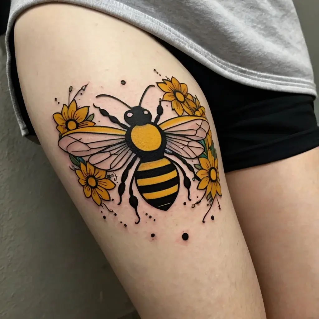 Bold bee tattoo with vibrant yellow and black coloring, surrounded by sunflowers and ink splatters on the thigh.