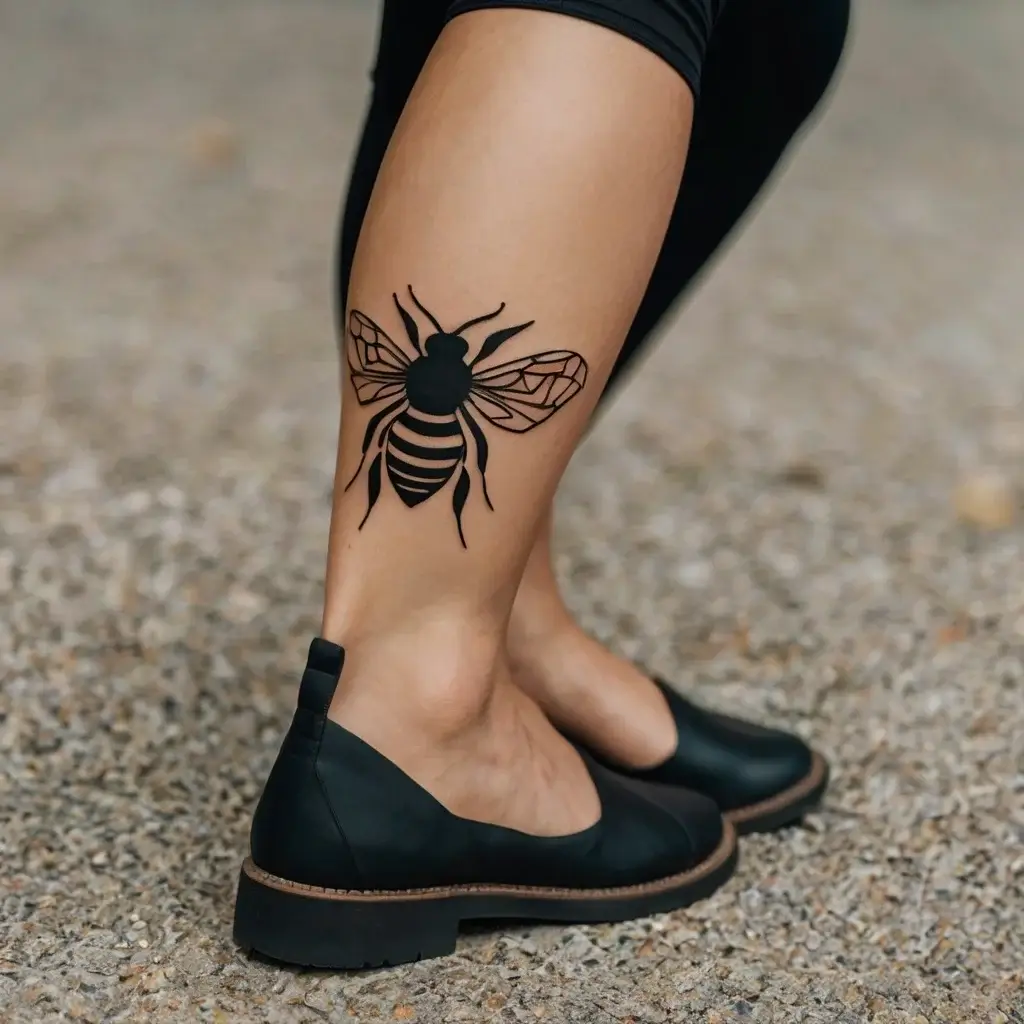 Bold black bee tattoo on calf, featuring geometric wings and striped body, symbolizing teamwork and determination.