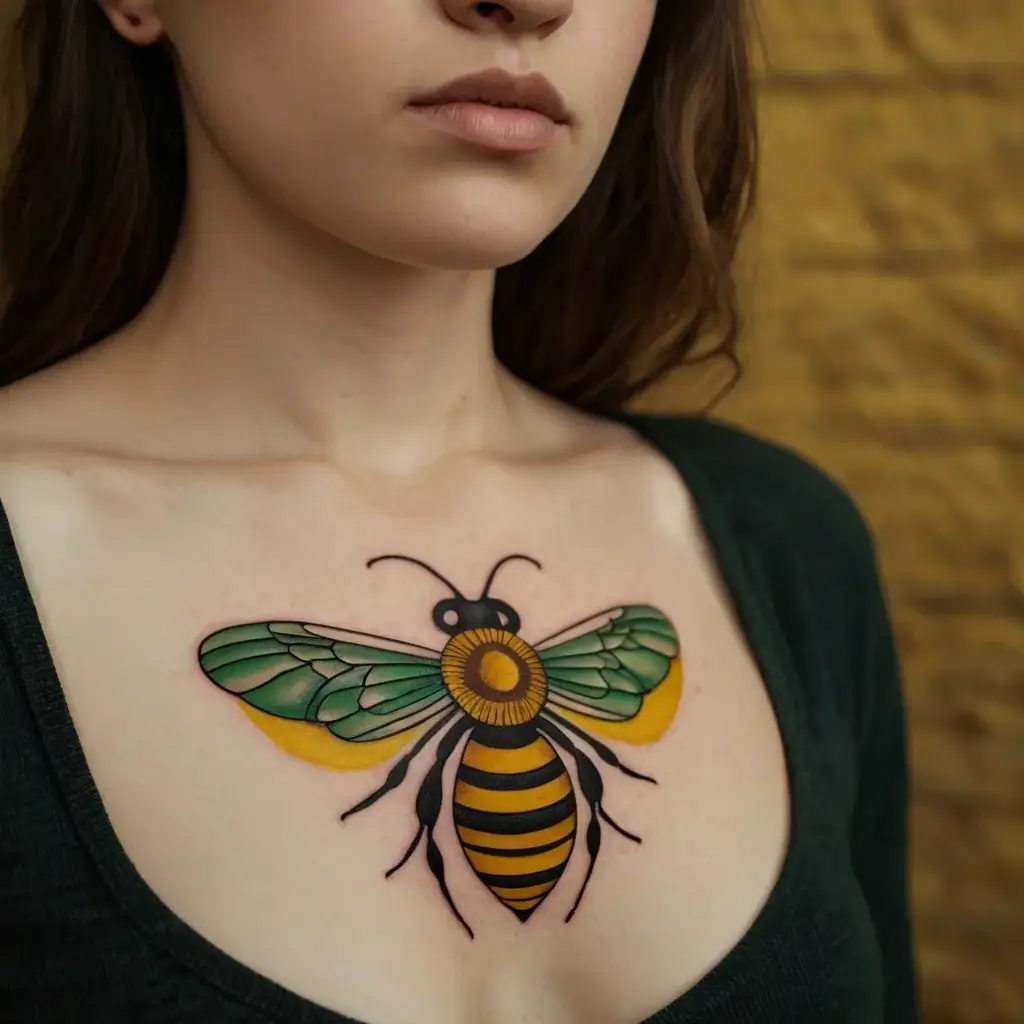 Tattoo of a colorful, stylized bee with green wings and yellow accents on chest, showcasing bold lines and vibrant hues.