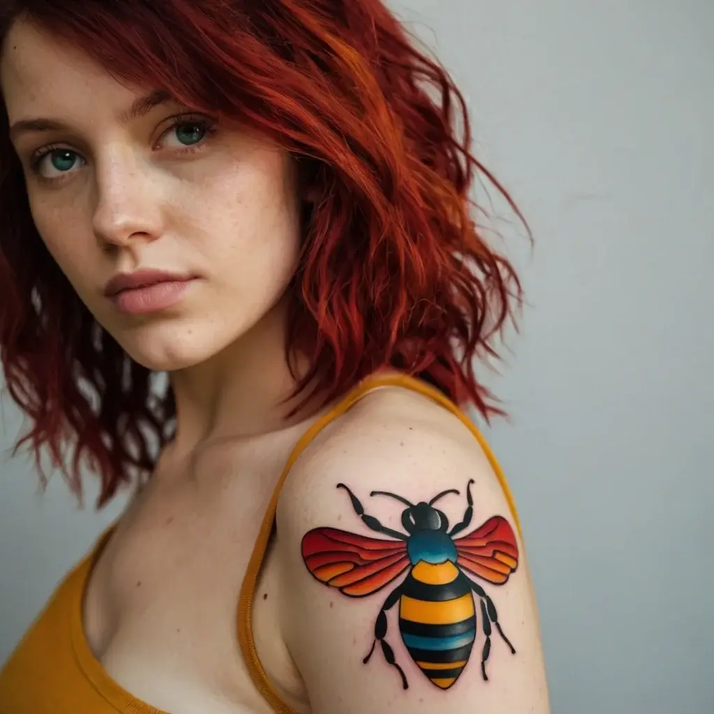 A colorful bee tattoo with red, orange, and blue stripes on the woman's shoulder, showcasing bold black outlines.