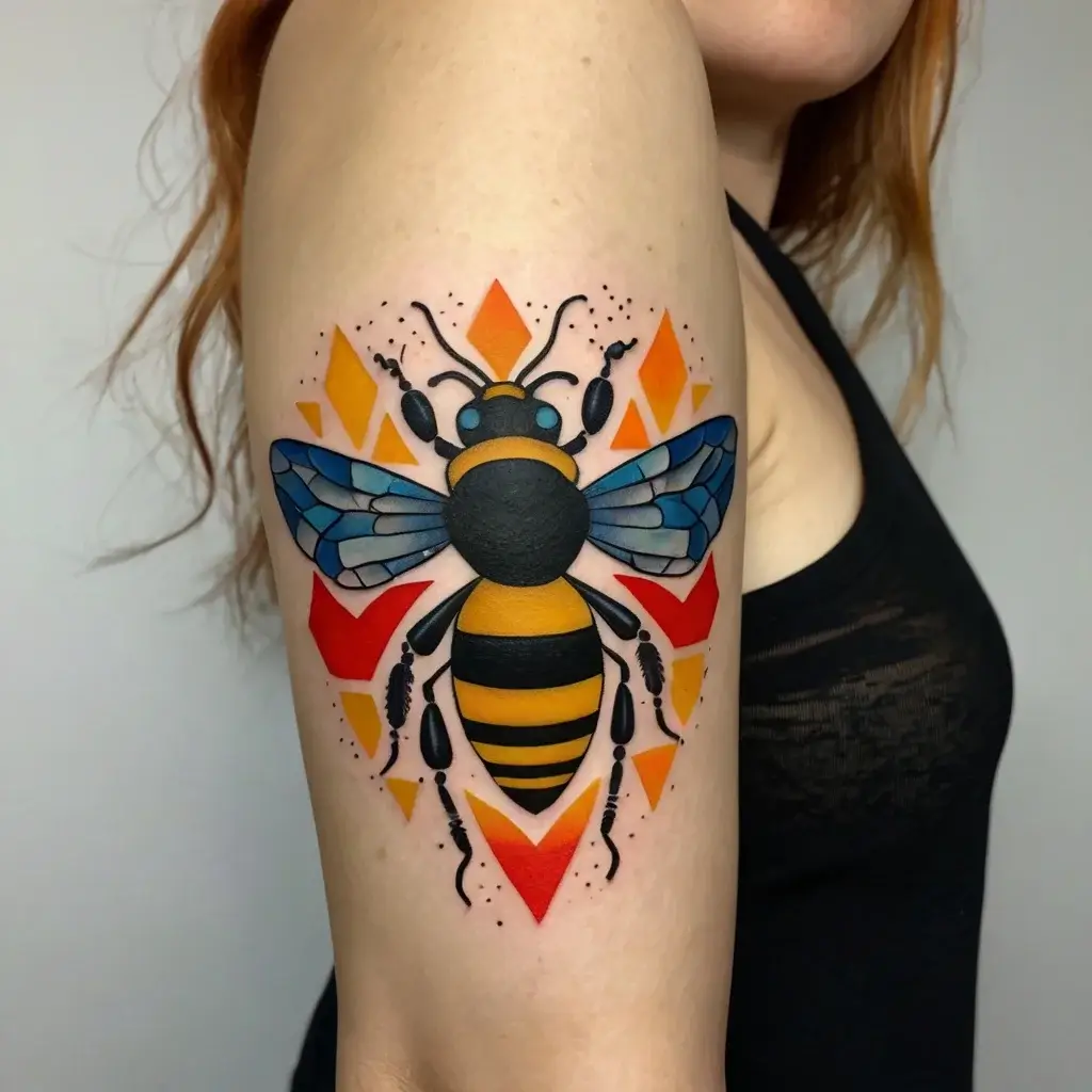 Colorful bee tattoo with geometric elements, featuring blue wings and an orange-yellow body on the upper arm.