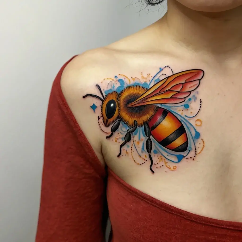 A vibrant neo-traditional bee tattoo with colorful wings and detailed textures, accented by bold orange and blue splashes.