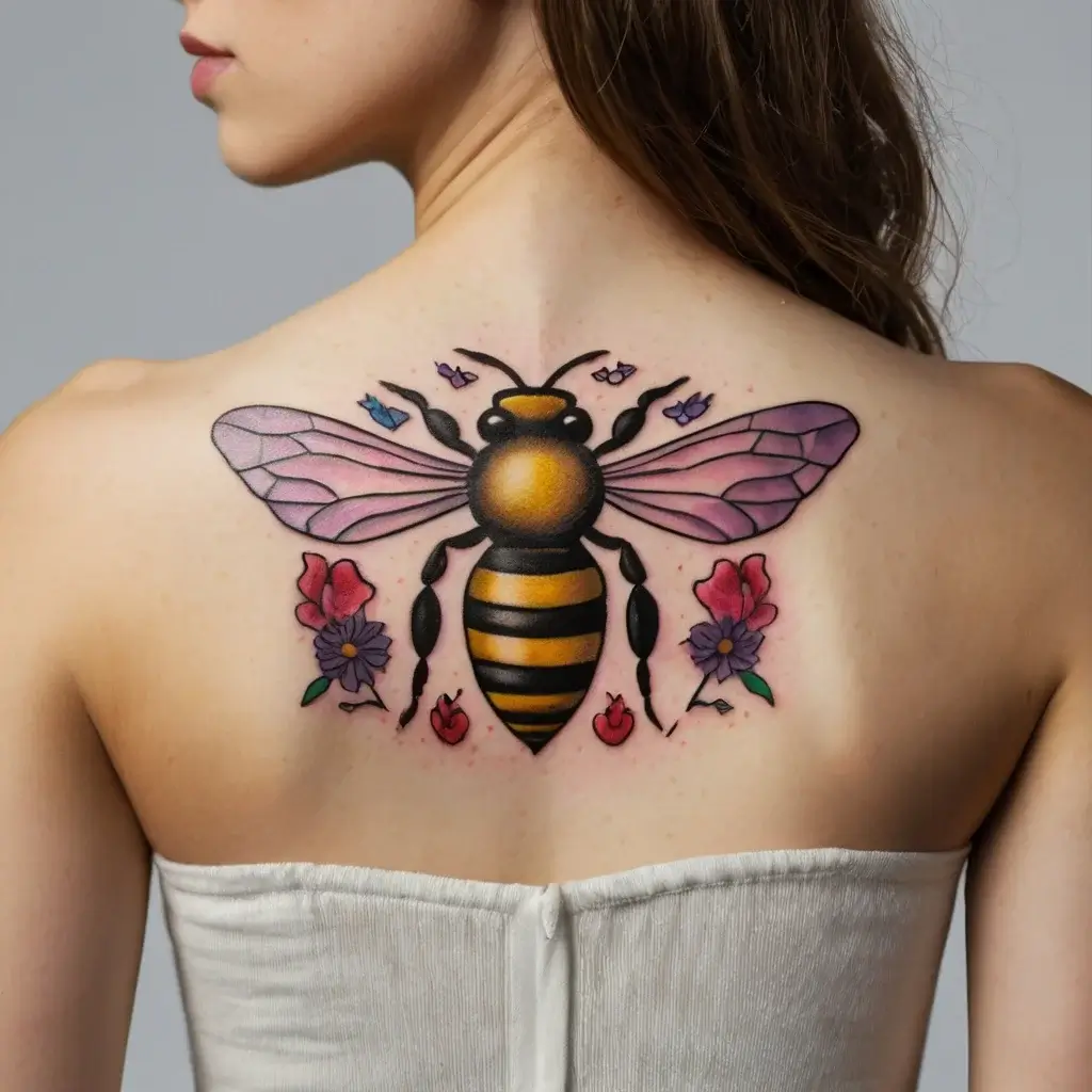 Tattoo of a vibrant bee with pink-veined wings, surrounded by colorful flowers and small hearts on the upper back.