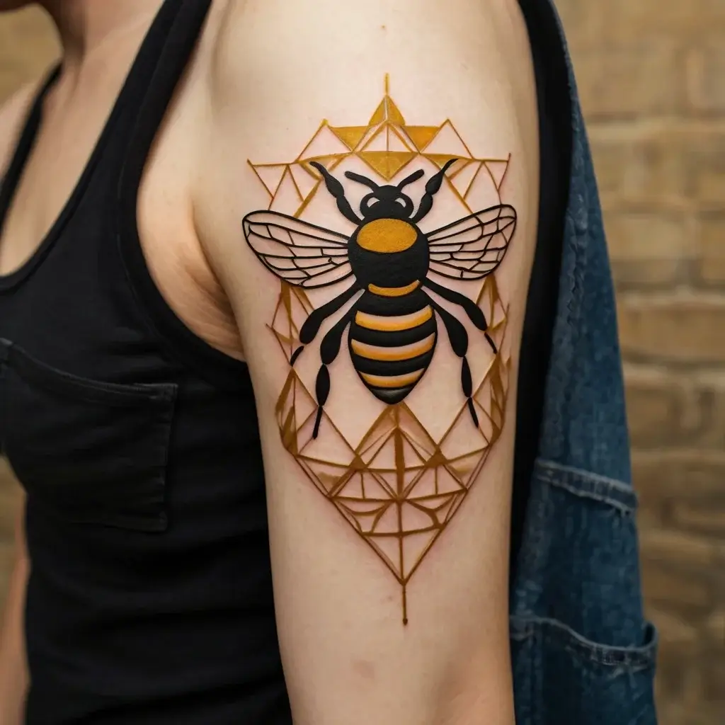 Geometric bee tattoo with bold black and gold hues, featuring honeycomb-like structures on the upper arm.