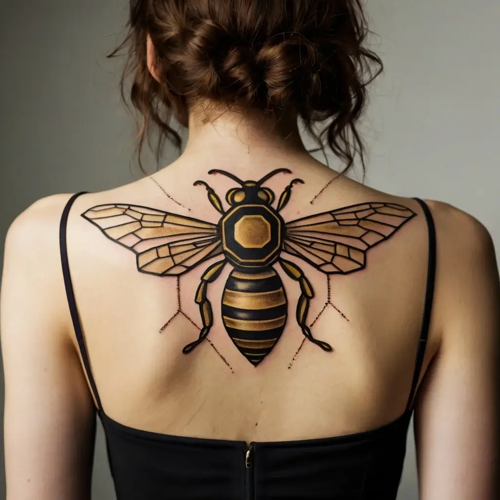 Geometric bee tattoo on upper back, featuring bold lines and detailed honeycomb pattern on wings and body.